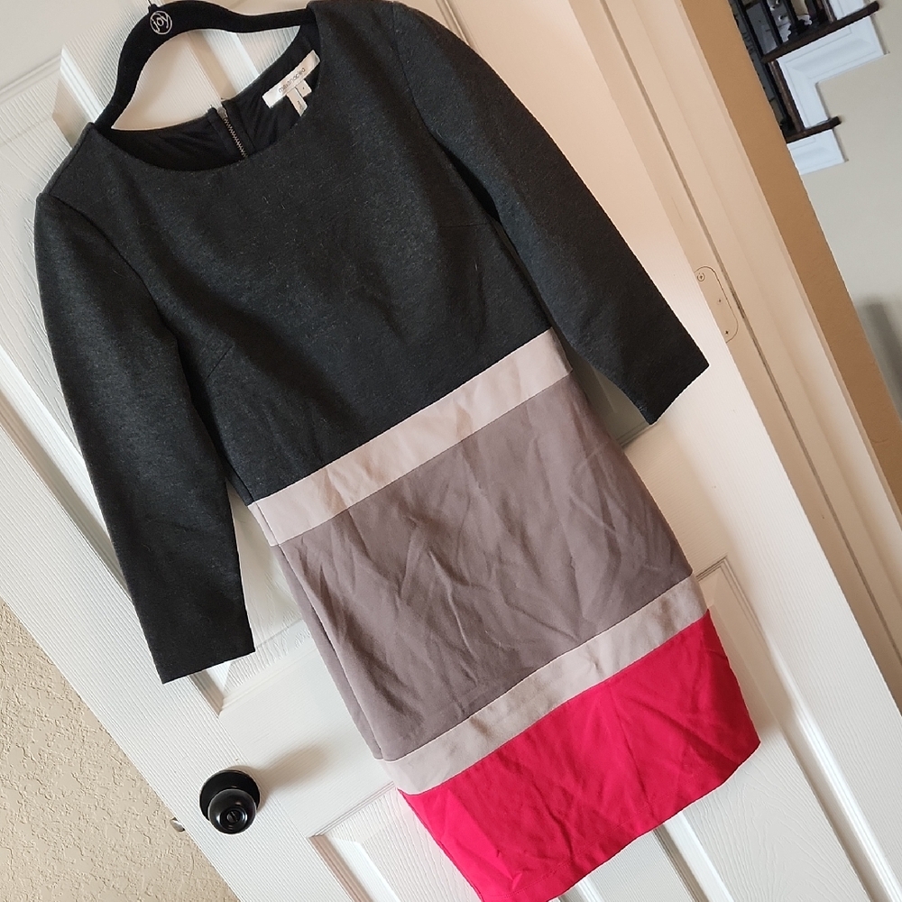 Max & Cleo Charcoal, Tan, And Red Colorblock Back Zip Dress, Sz 4